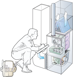 HVAC tech recording information he gathers from an upflow furnace.